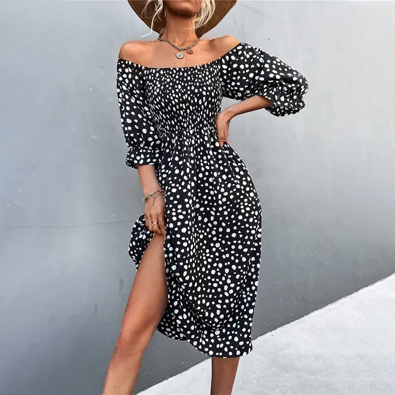 Summer Women Vintage Bohemian Square Neck Short Puff Sleeves Dress Without Belt - Image 5