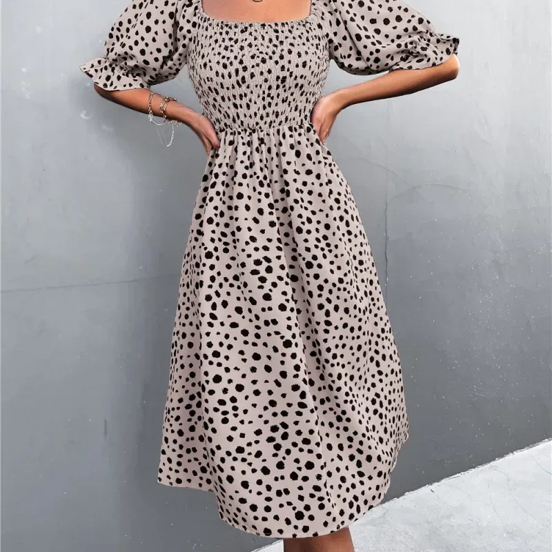 Summer Women Vintage Bohemian Square Neck Short Puff Sleeves Dress Without Belt - Image 6