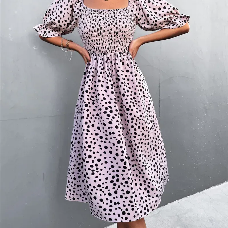 Summer Women Vintage Bohemian Square Neck Short Puff Sleeves Dress Without Belt - Image 7