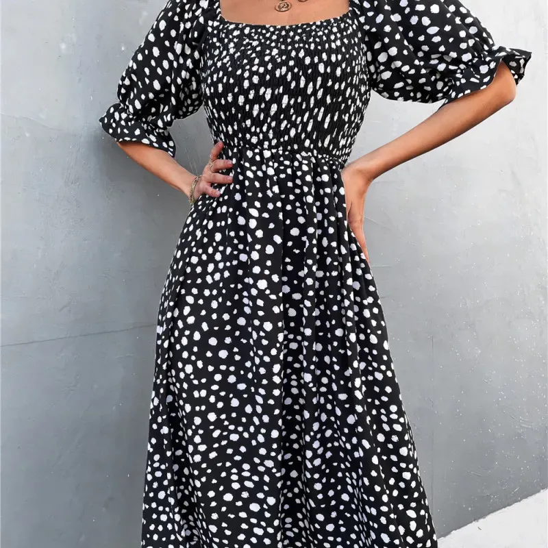Summer Women Vintage Bohemian Square Neck Short Puff Sleeves Dress Without Belt - Image 8