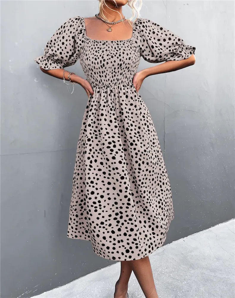 Summer Women Vintage Bohemian Square Neck Short Puff Sleeves Dress Without Belt - Image 9
