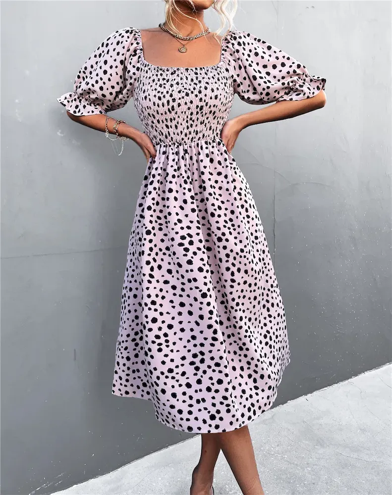 Summer Women Vintage Bohemian Square Neck Short Puff Sleeves Dress Without Belt - Image 10