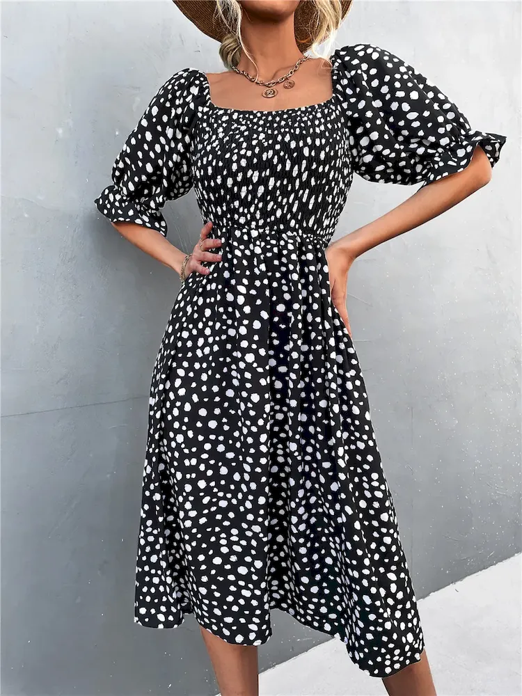Summer Women Vintage Bohemian Square Neck Short Puff Sleeves Dress Without Belt - Image 11