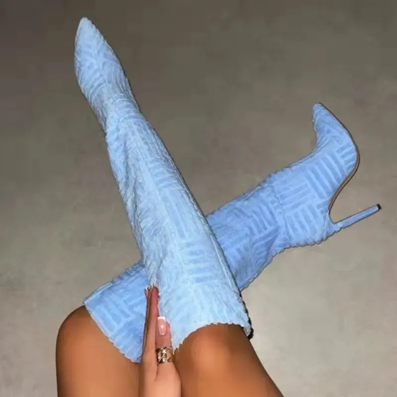 Plus Size Suede Pointed Toe Stiletto High Boots - Image 12