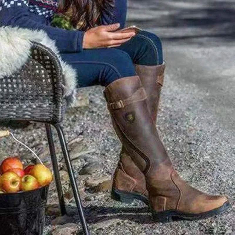 Women Fashion Round Toe Solid Color Pu Flat Side Zipper Knee High Boots Combat Boots - Image 8