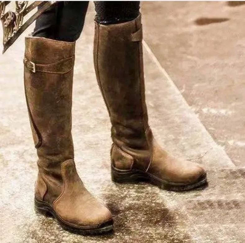 Women Fashion Round Toe Solid Color Pu Flat Side Zipper Knee High Boots Combat Boots - Image 9