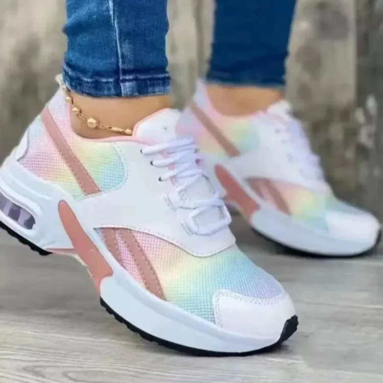 Women Fashion Round Toe Solid Color Mesh Thick-Soled Low Top Sneakers