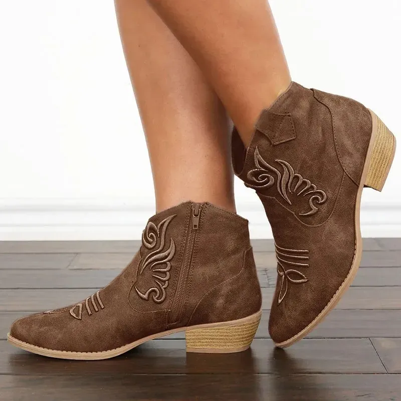 Women Fashion Round Toe Embroidered Suede Chunky Heel Slip On Short Boots Shoes