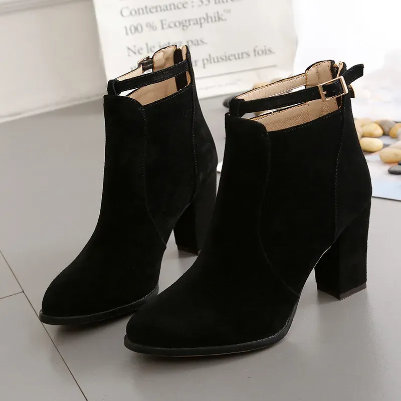 Women Fashion Round Toe Suede Chunky Heel Ankle Strap Buckle Short Boots Shoes - Image 3