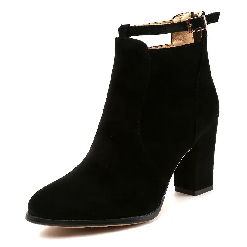 Women Fashion Round Toe Suede Chunky Heel Ankle Strap Buckle Short Boots Shoes - Image 5