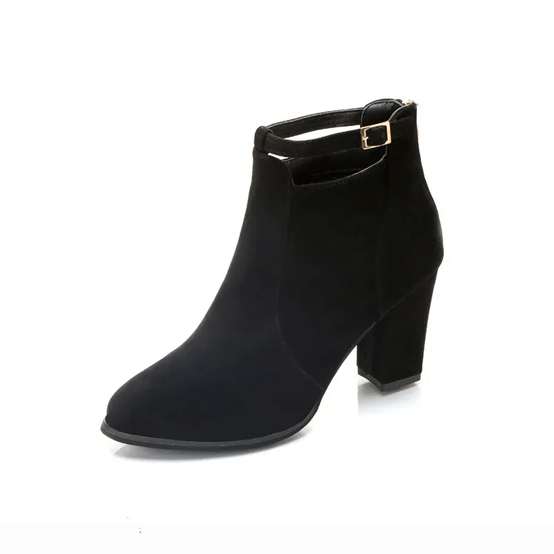 Women Fashion Round Toe Suede Chunky Heel Ankle Strap Buckle Short Boots Shoes - Image 6