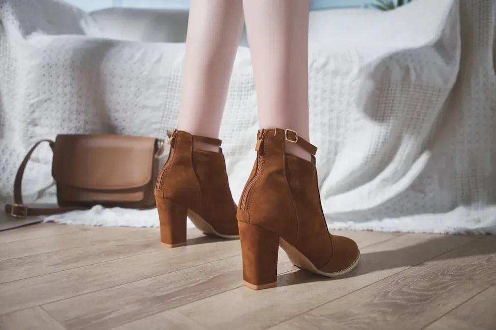 Women Fashion Round Toe Suede Chunky Heel Ankle Strap Buckle Short Boots Shoes - Image 8