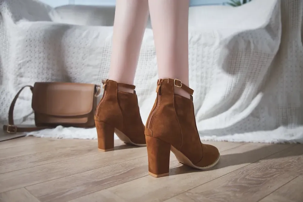 Women Fashion Round Toe Suede Chunky Heel Ankle Strap Buckle Short Boots Shoes - Image 11