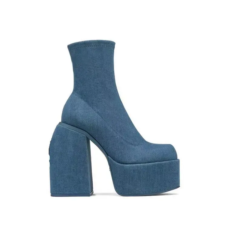 Women Fashio Denim Chunky Heel Side Zipper Mid-Calf Boots Shoes - Image 5