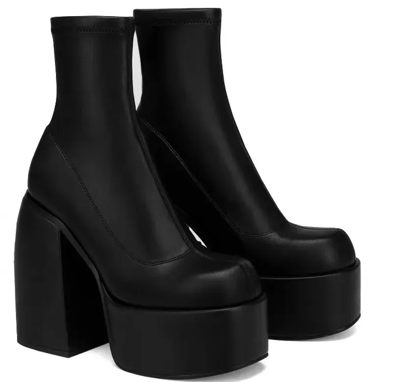 Women Fashio Denim Chunky Heel Side Zipper Mid-Calf Boots Shoes - Image 8
