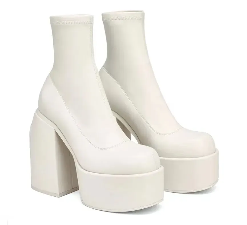 Women Fashio Denim Chunky Heel Side Zipper Mid-Calf Boots Shoes - Image 14
