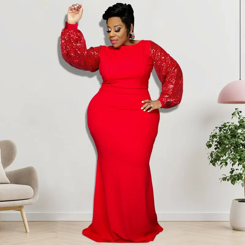 Large Size Women Elegant Winter Sequin Long Sleeve Solid Maxi Tight Dress - Image 5