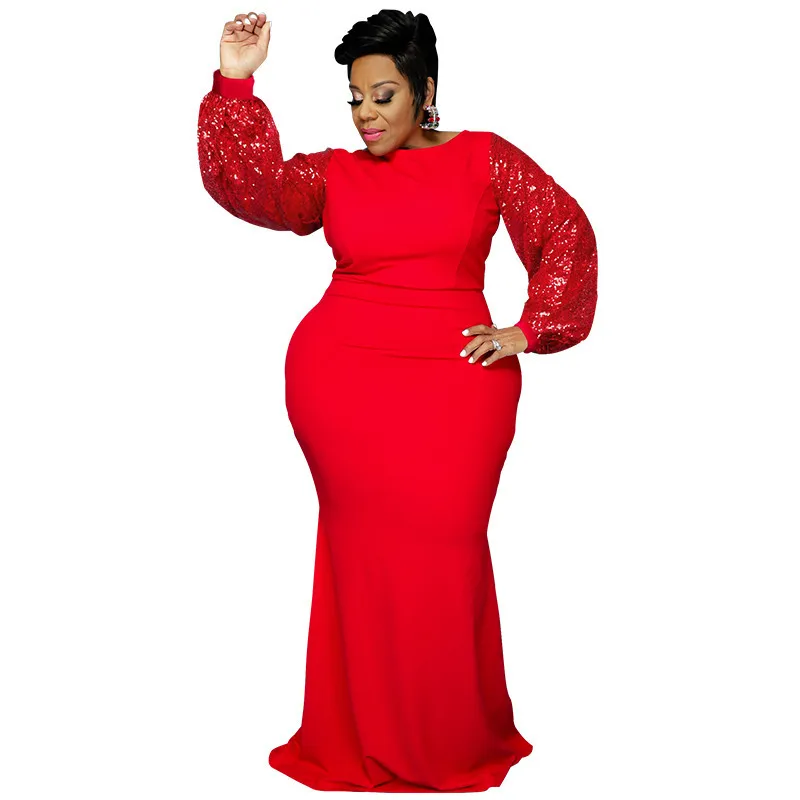 Large Size Women Elegant Winter Sequin Long Sleeve Solid Maxi Tight Dress - Image 6