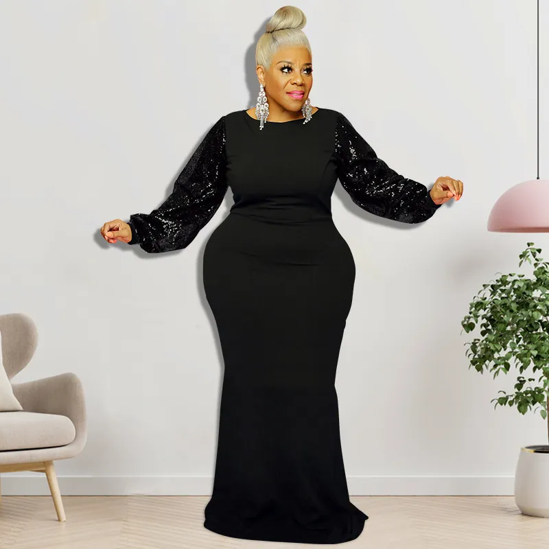 Large Size Women Elegant Winter Sequin Long Sleeve Solid Maxi Tight Dress - Image 8