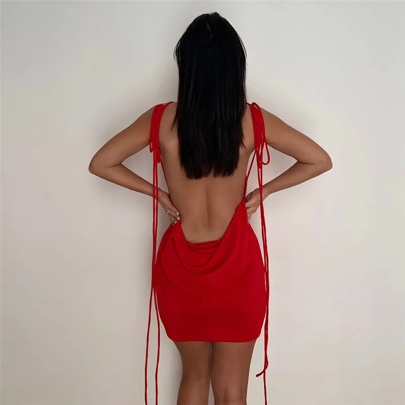 Summer Nightclub Women Sexy Backless Strappy Solid Slim Tight Dress - Image 5