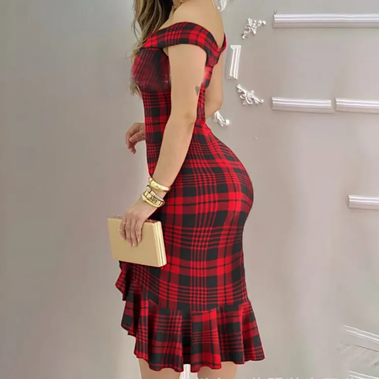 Elegant Women Off-Shoulder Ruffled Split Solid Color Party Dress - Image 3