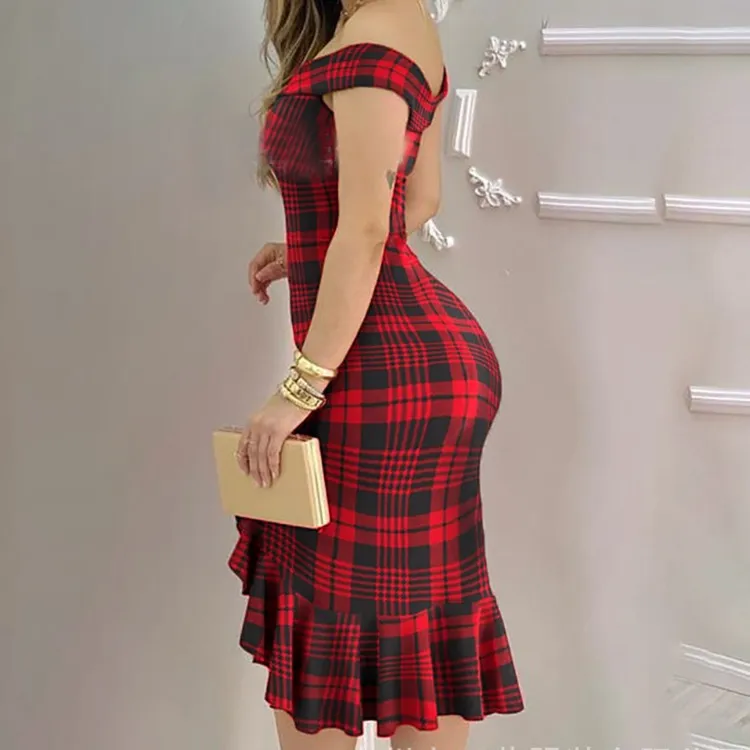 Elegant Women Off-Shoulder Ruffled Split Solid Color Party Dress - Image 16