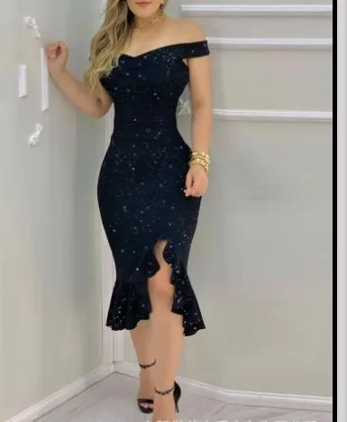 Elegant Women Off-Shoulder Ruffled Split Solid Color Party Dress - Image 18
