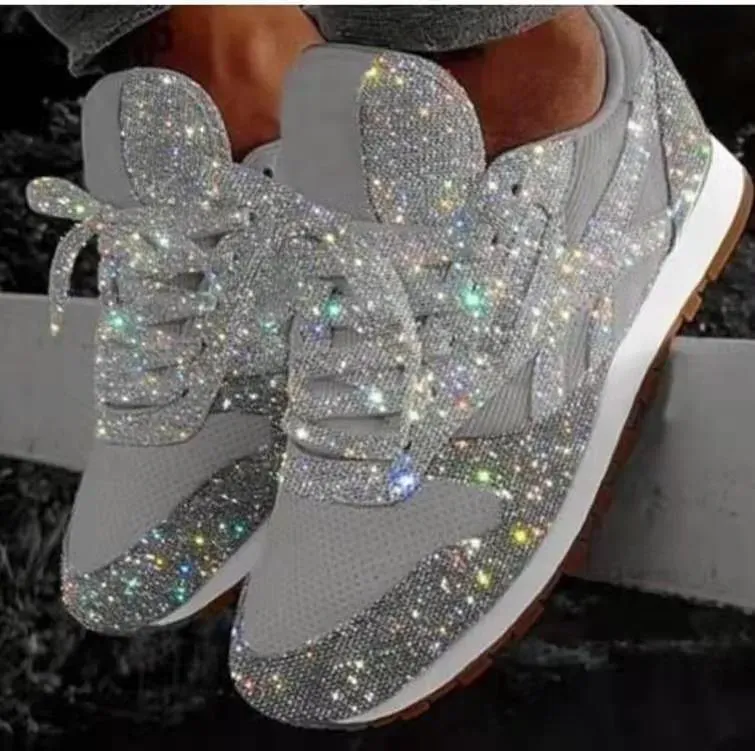Women Fashion Round Toe Platform Sequins Rhinestone Platform Sneakers - Image 16