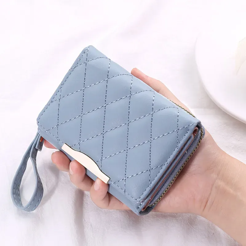 Women Fashion Buckle Tri-Fold Card Holder Pu Leather Multi-Card Zipper Wallet