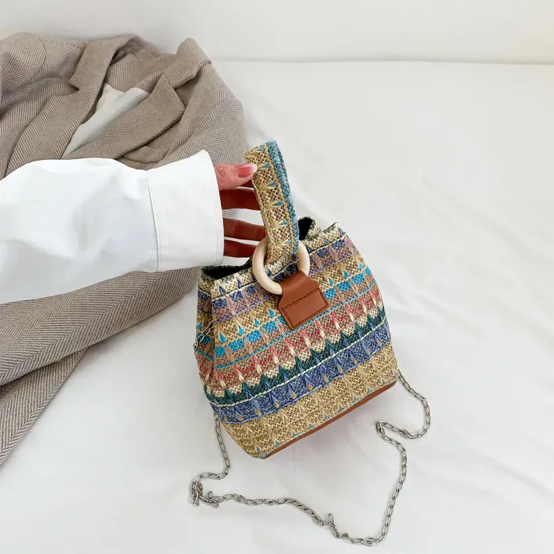 Women Fashion Retro Multicolor Straw Bucket Bag - Image 6