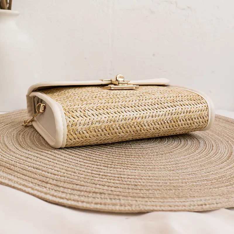 Women Fashion Casual Vacation Beach Magnetic Buckle Flap Chain Square Straw Woven Crossbody Bag - Image 3