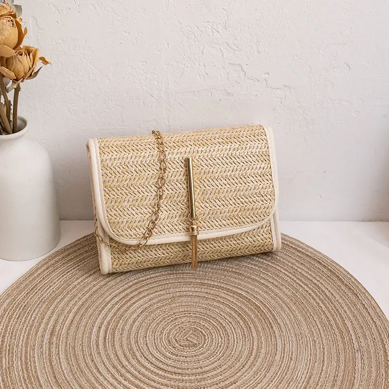Women Fashion Casual Vacation Beach Magnetic Buckle Flap Chain Square Straw Woven Crossbody Bag - Image 7