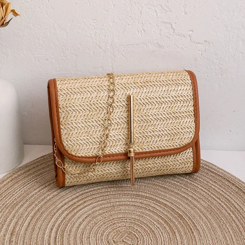 Women Fashion Casual Vacation Beach Magnetic Buckle Flap Chain Square Straw Woven Crossbody Bag - Image 9