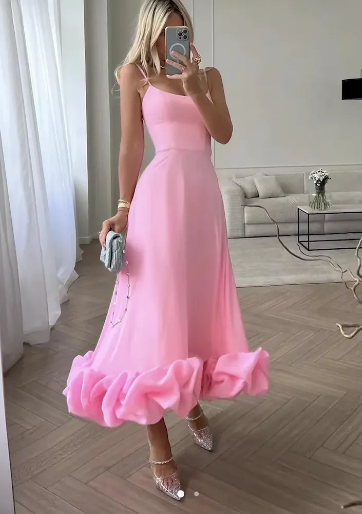 Women Fashion Solid Color Sling Flounce Dress - Image 19