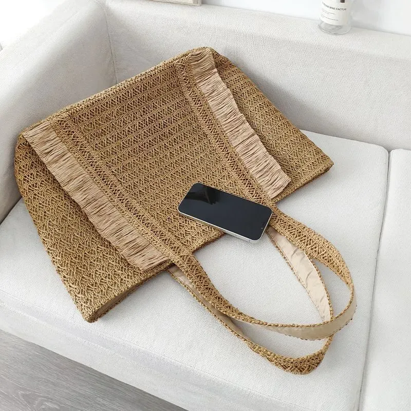 Women Fashionable Simple Vacation Beach Large Capacity Straw Woven Tote Bag - Image 3
