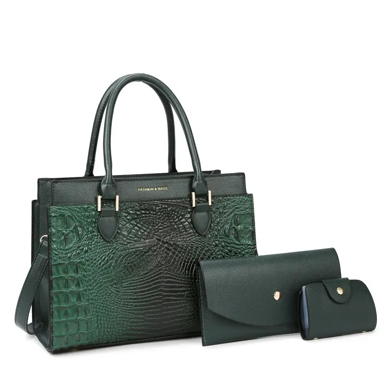 Women Fashion Retro Large Capacity Crocodile Pattern Handbag Purse Set - Image 8