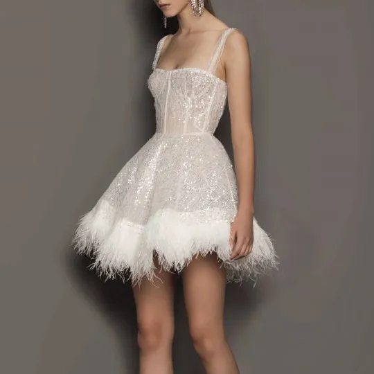 Women Elegant Party Sequined Feather Evening Gown - Image 4