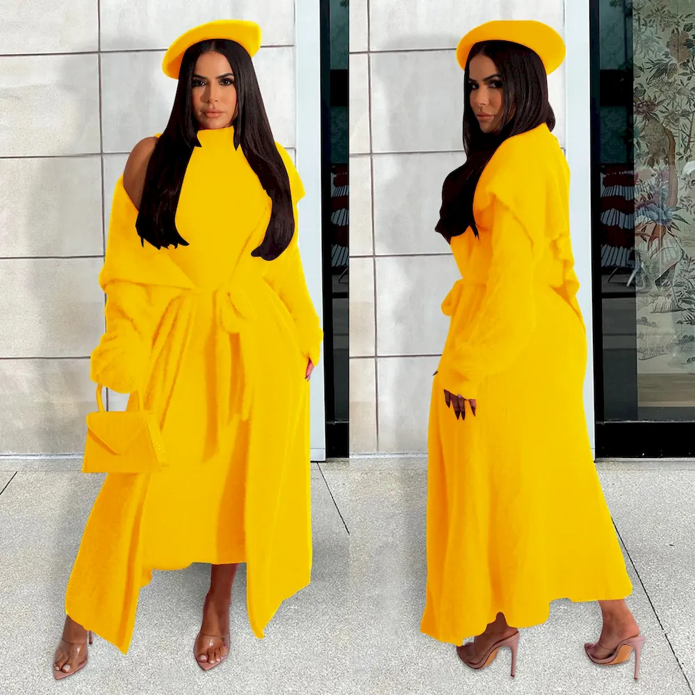 Autumn And Winter Women Fashion Solid Color Plush Dress Long Coat Lace-Up Two-Piece Set - Image 14
