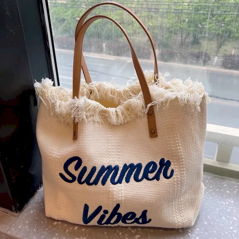 Women Fashion Solid Color Tassel Letter Embroidered Large Capacity Tote Bag - Image 5