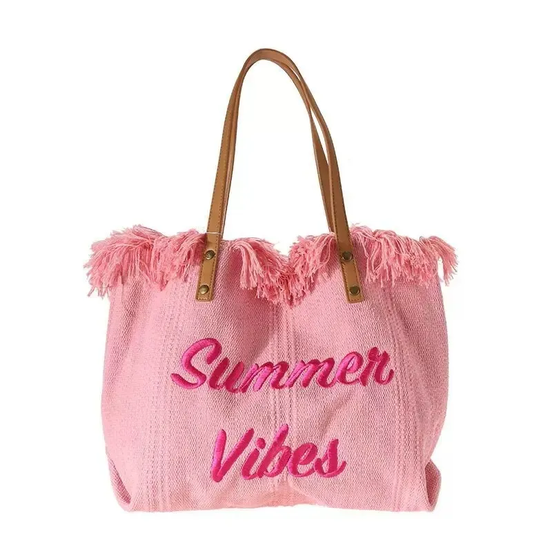 Women Fashion Solid Color Tassel Letter Embroidered Large Capacity Tote Bag - Image 6