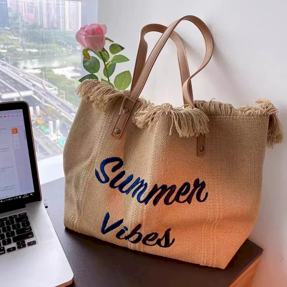 Women Fashion Solid Color Tassel Letter Embroidered Large Capacity Tote Bag - Image 8