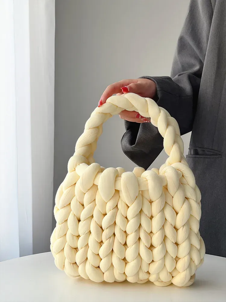 Women Fashion Solid Color Hand-Woven Wool Handbag - Image 6