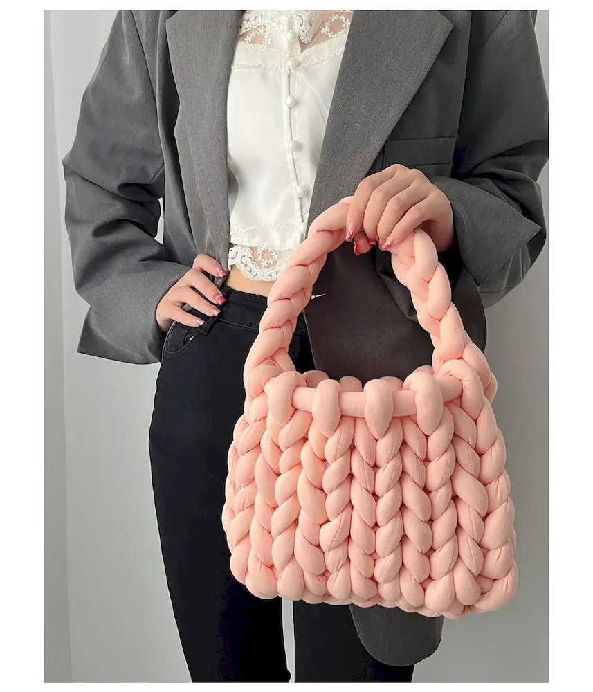 Women Fashion Solid Color Hand-Woven Wool Handbag - Image 7