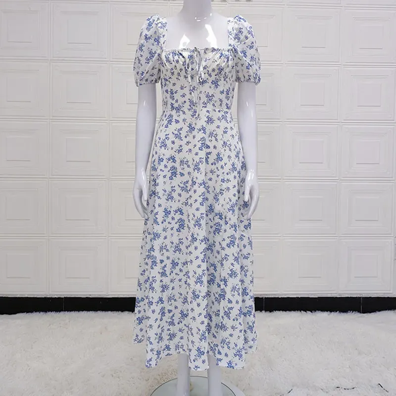 Vacation Summer Women Square Collar Puff Sleeve Tiny Flower Side Slit Midi Dress - Image 3