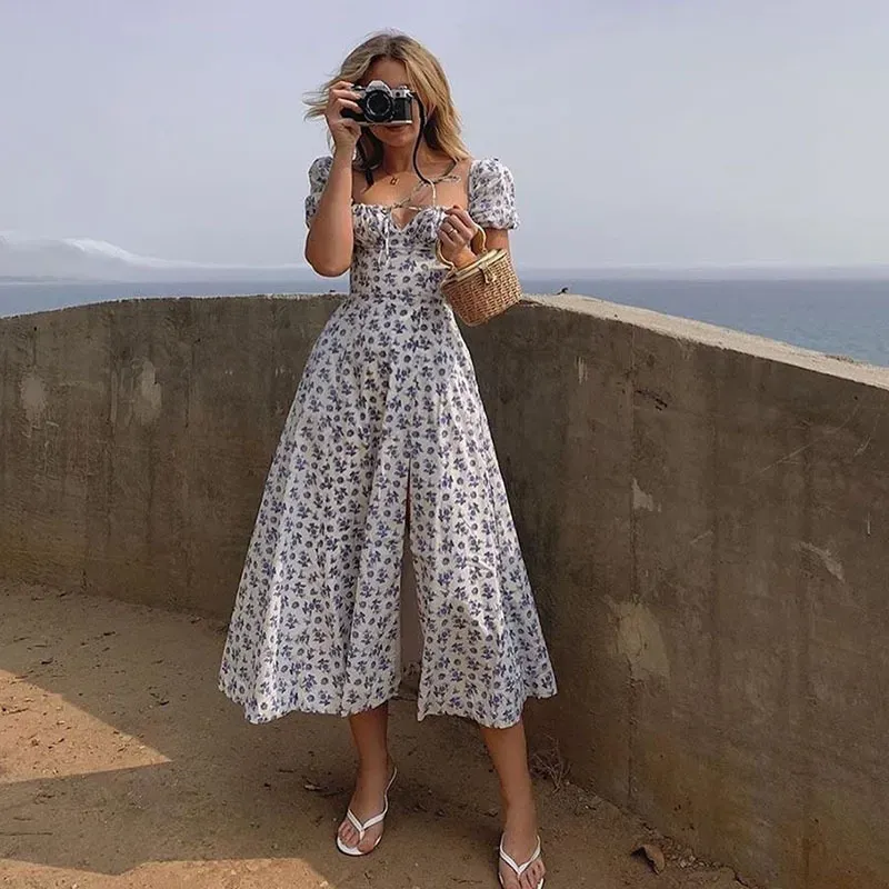 Vacation Summer Women Square Collar Puff Sleeve Tiny Flower Side Slit Midi Dress - Image 5