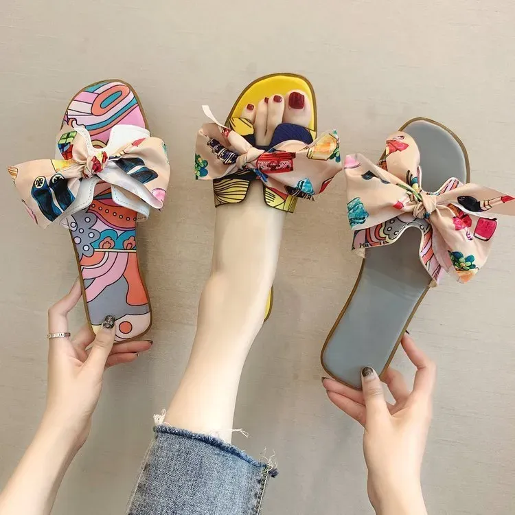 Women Fashion Casual Plus Size Multicolor Ribbon Bow Round Toe Flat Slippers