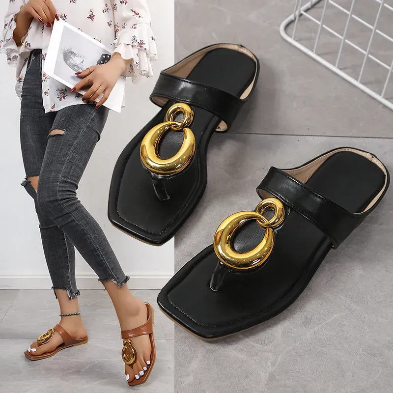 Women Casual Plus Size Metal Square Toe Flat Slippers