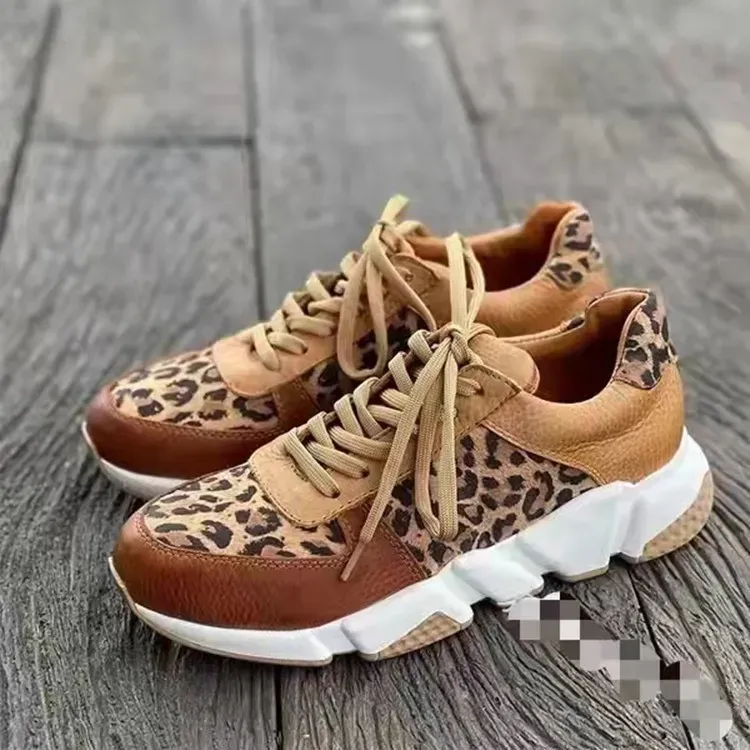 Women Fashion Casual Plus Size Leopard Round Toe Lace-Up Sneakers - Image 2