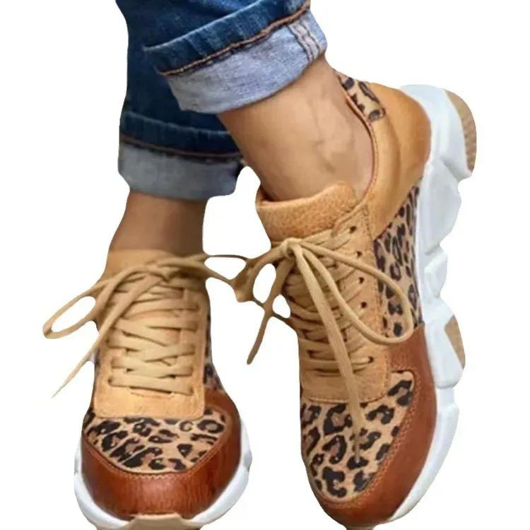 Women Fashion Casual Plus Size Leopard Round Toe Lace-Up Sneakers - Image 4