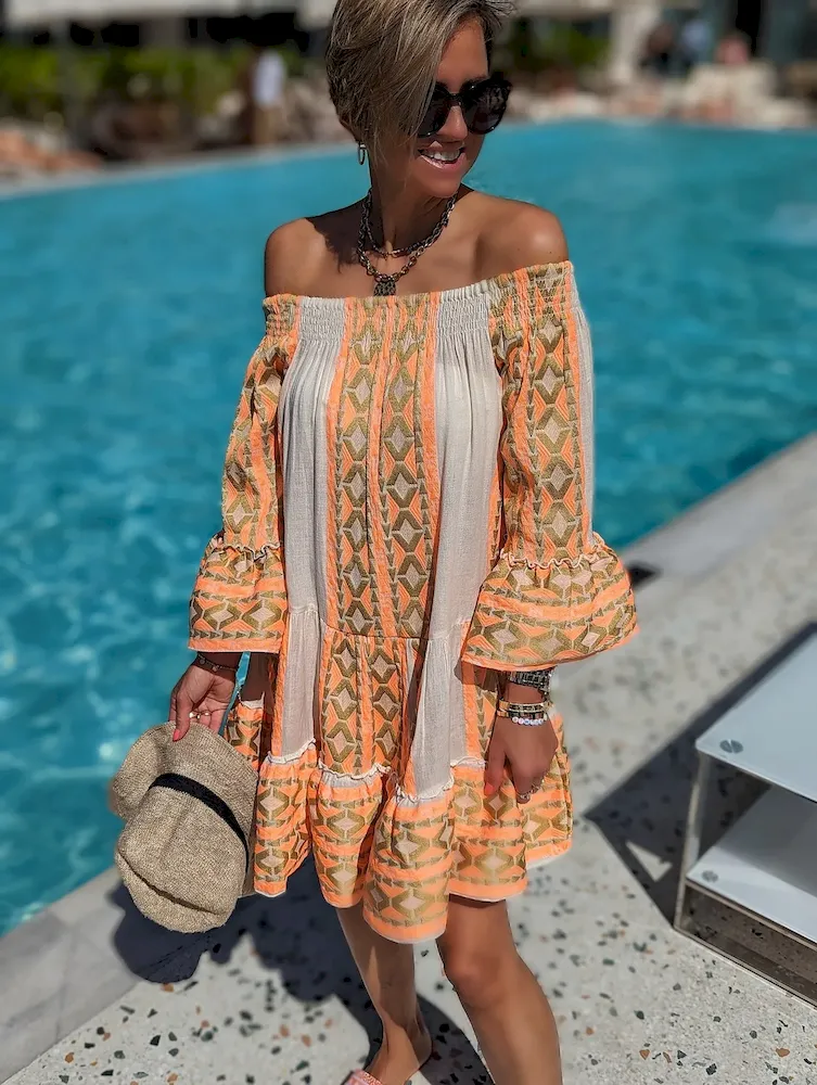 Fashion Boho Vintage Women Flare Sleeve Vacation Off-Shoulder Casual Loose Dress - Image 3
